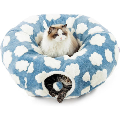 Lesure cat tunnel bed front view cozy clouds blue color for indoor pets