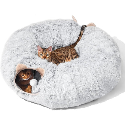 ZVBEK cat tunnel bed front view showing grey plush donut shape with central cushion