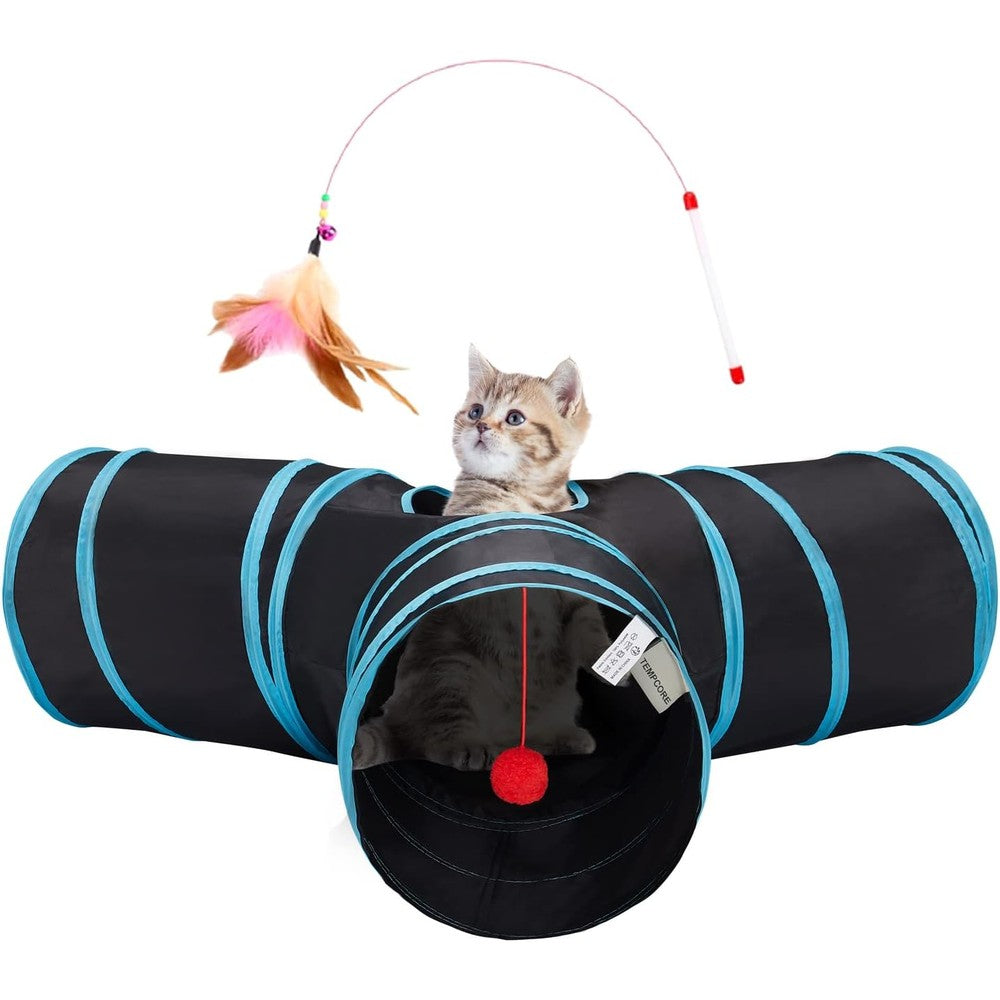 Tempcore 3-way cat tunnel front view displaying black and blue design.