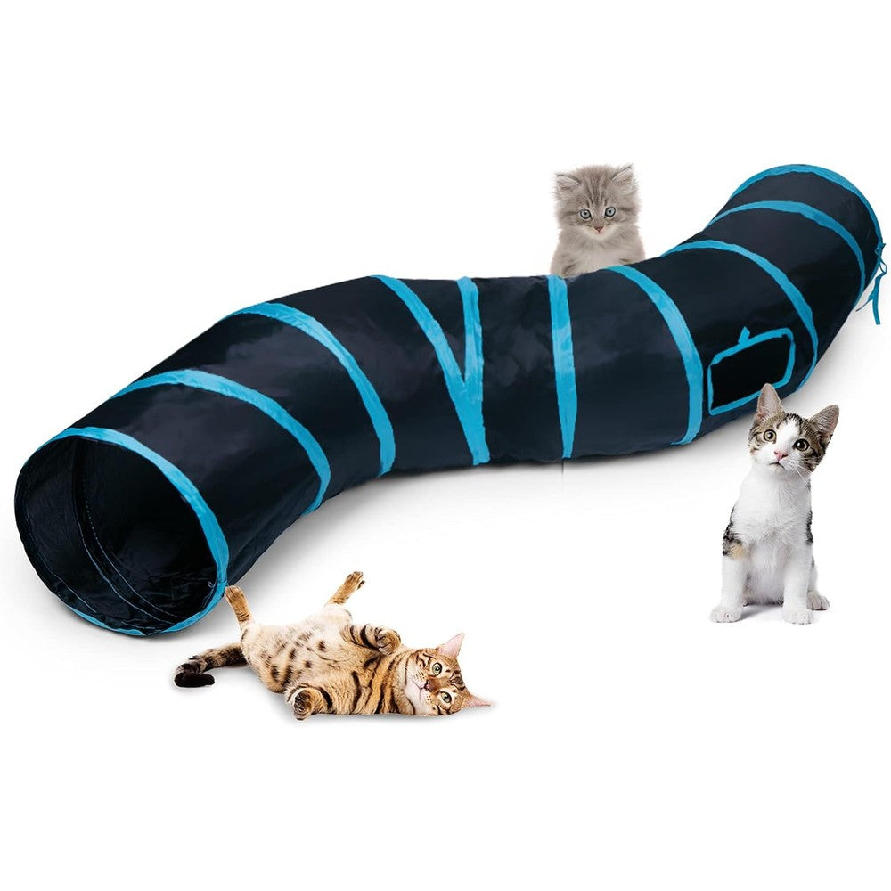 Sheldamy Cat Tunnel front view showing the blue and black S-shaped dual entry design for indoor pets.