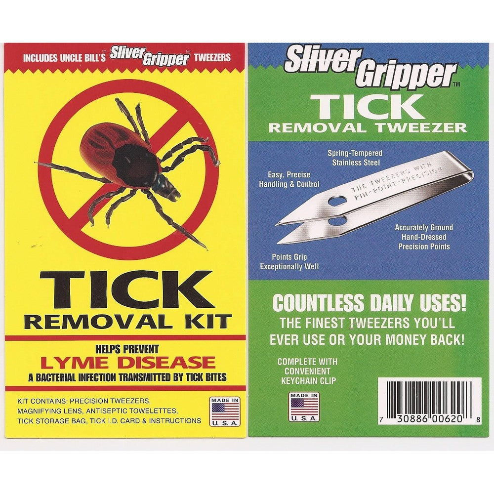 Uncle Bill's Sliver Gripper tick and splinter removal kit front view with precision tweezers