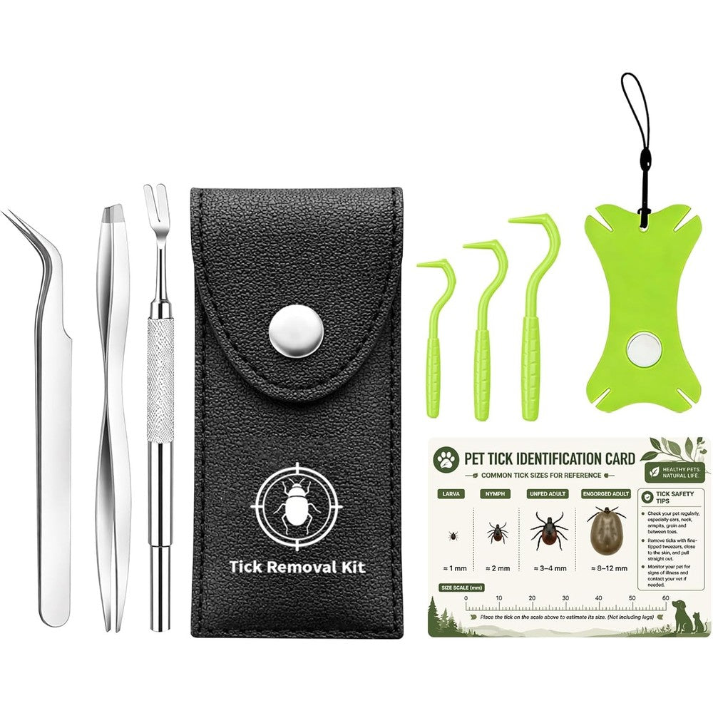 Auibor Professional Tick Removal Tool Kit With Stainless Steel Tweezers And Tick Twisters For Dogs Cats And Humans Includes Leather Storage Case
