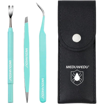 Meduwedu Tick Removal Tool Kit For Dogs Cats And Humans Stainless Steel 3 In 1 Set With Leather Pouch