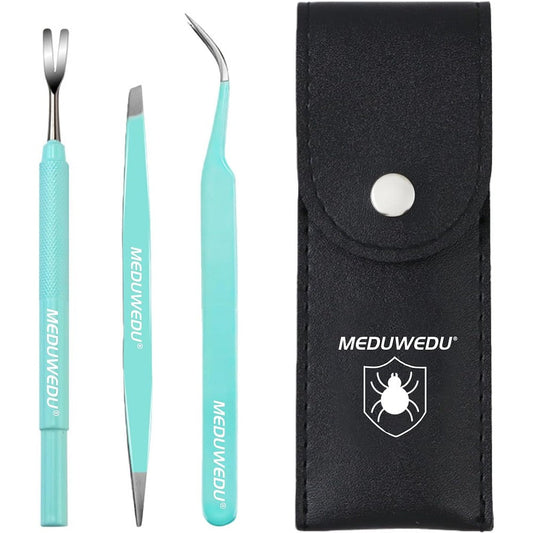 Meduwedu Tick Removal Tool Kit For Dogs Cats And Humans Stainless Steel 3 In 1 Set With Leather Pouch