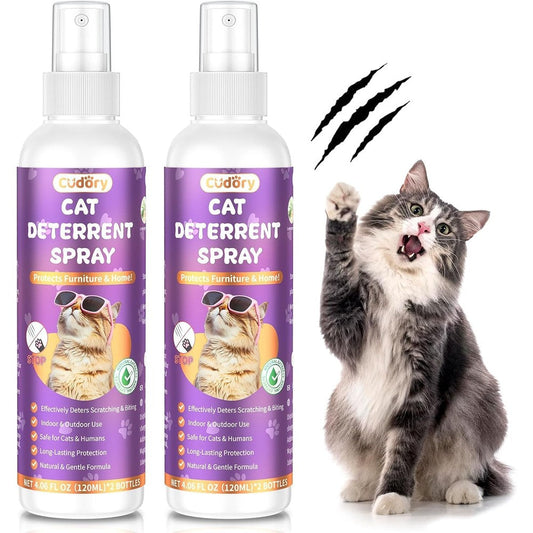 Cudory Cat Deterrent Spray for Indoor and Outdoor Use Anti Scratch Repellent for Furniture Walls Cords Plants Training Aid Two Pack Four Fluid Ounces