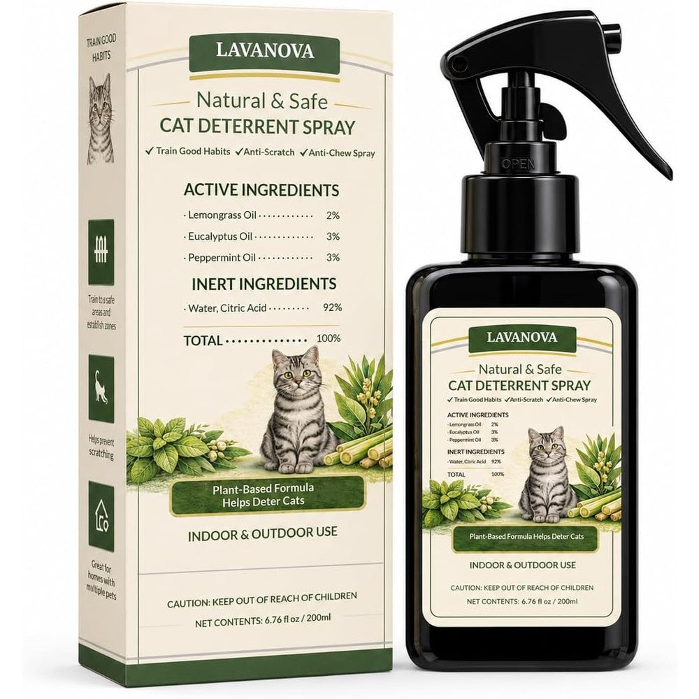 QQV Lavanova Cat Repellent Spray Natural Plant Based Indoor And Outdoor Deterrent For Anti Scratching And Urine Marking Protection 6.76 Fluid Ounce