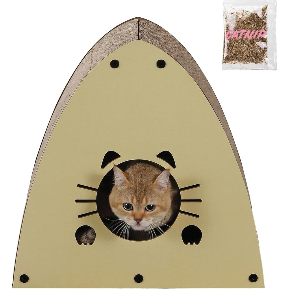 The Licker Store Koko 19 Inch Modern Cardboard Triangle Cat Cave Scratcher With Catnip Premium Dual Scratching Surface Pet Hideout Almond Finish