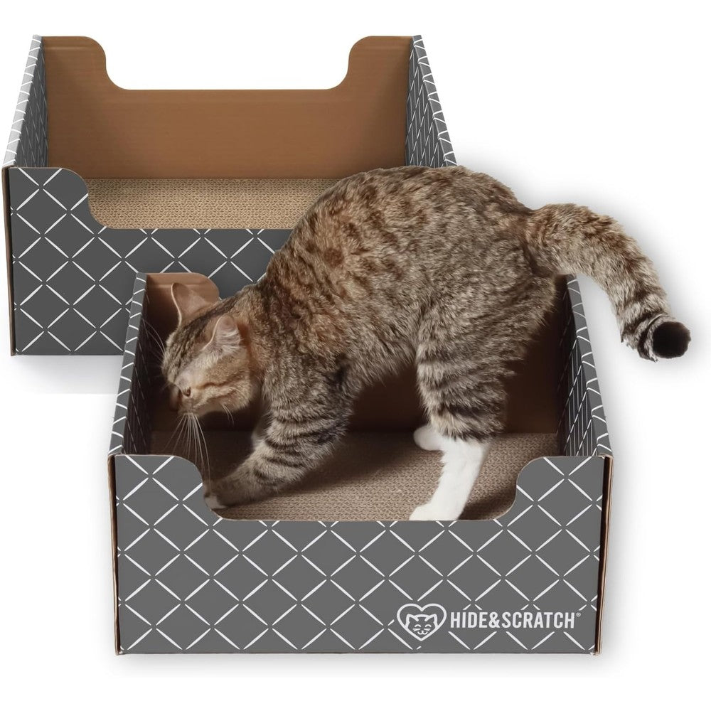 Hide And Scratch Cardboard Cat Scratcher Box And Bed Dark Grey Diamond 2 Pack Refillable Corrugated Scratching Pad For Indoor Cats