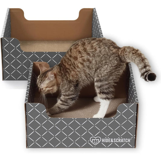 Hide And Scratch Cardboard Cat Scratcher Box And Bed Dark Grey Diamond 2 Pack Refillable Corrugated Scratching Pad For Indoor Cats
