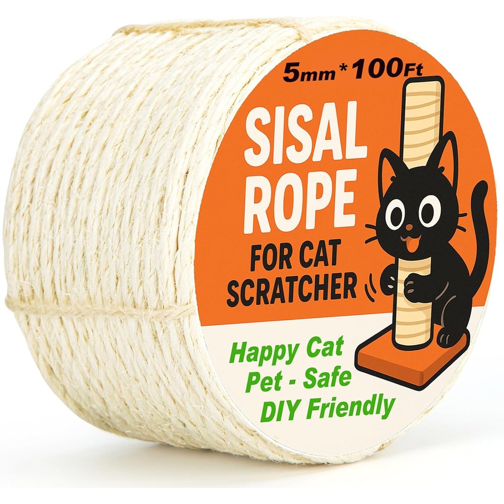 Auxmotec Natural Sisal Rope For Cat Scratcher Tree 5 Millimeter Thickness By 100 Feet Long Durable Twine For Cat Scratching Post Repairing And Diy