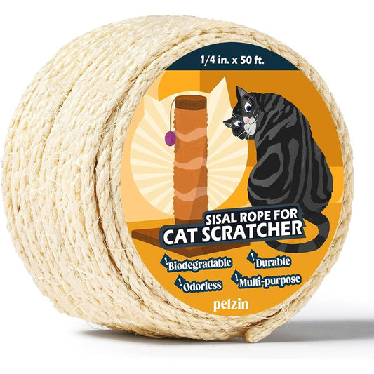 Pelzin Natural Sisal Rope For Cat Scratcher 1/4 Inch By 50 Feet, Durable Agave Fibers For Cat Tree Scratching Post Repair And DIY Projects, White