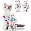 SUNFURA cat recovery suit front view featuring colorful dinosaur pattern