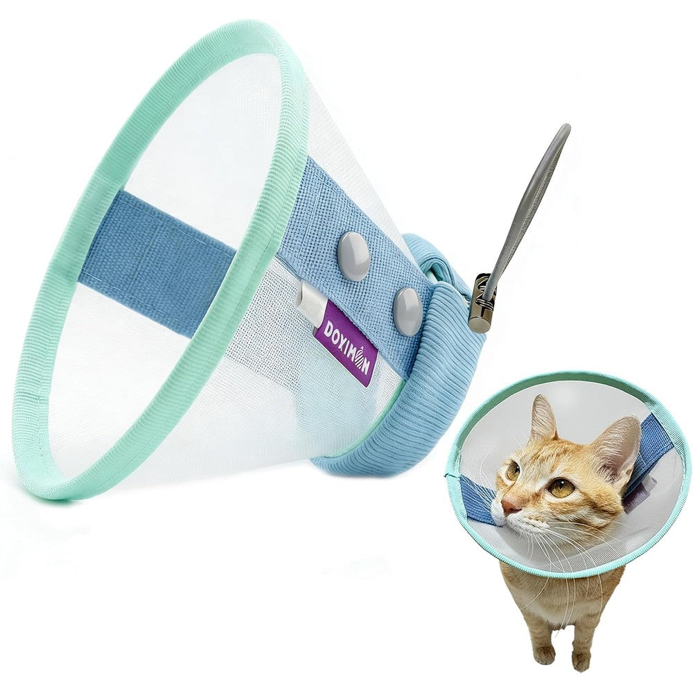 Clorvint soft mesh cat cone collar front view on a blue background