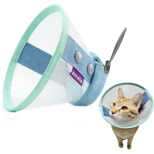 Clorvint soft mesh cat cone collar front view on a blue background