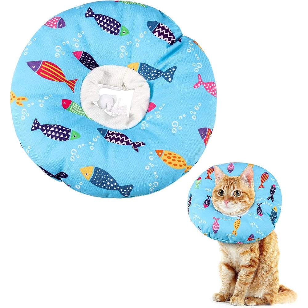 Libfrnt soft cat donut recovery collar showing the adjustable drawstring fit