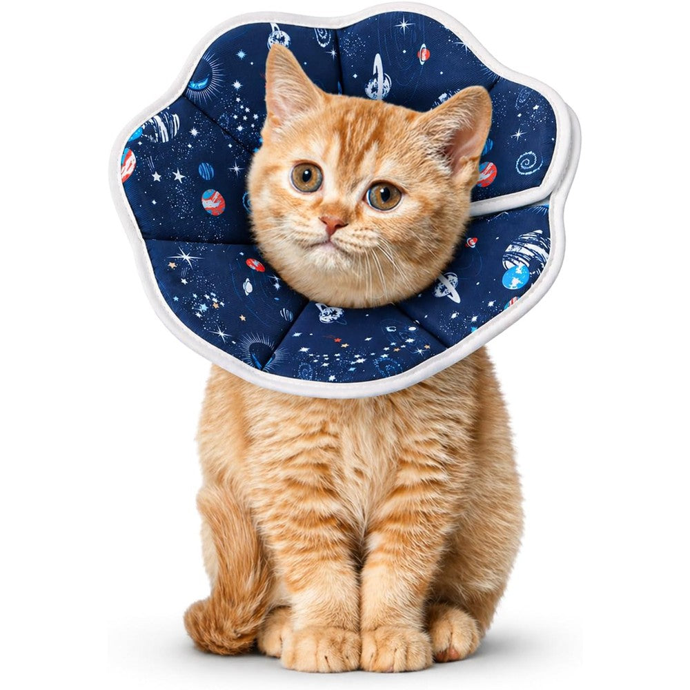Mechpia cat cone collar soft in blue planet pattern front view on a kitten.