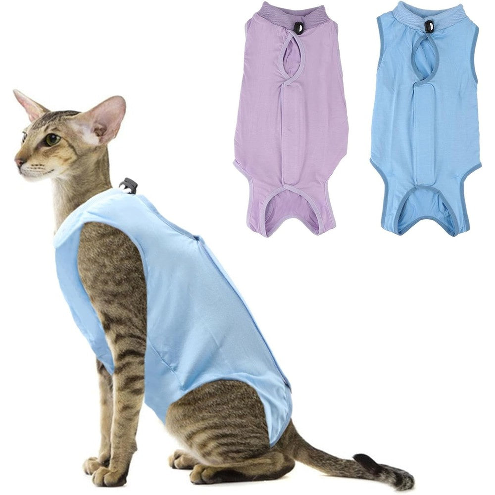 Reshiho cat recovery suit front view on a larger cat protecting abdominal wounds.