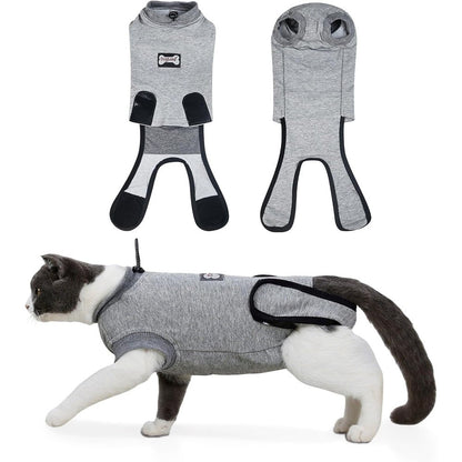 DogLemi Cat Surgery Recovery Suit front view showing breathable grey cotton material