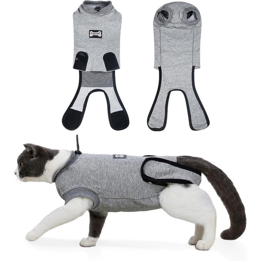 DogLemi Cat Surgery Recovery Suit front view showing breathable grey cotton material