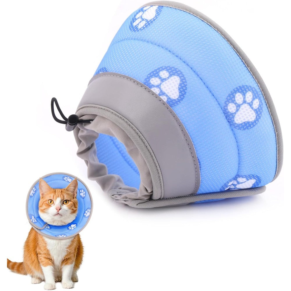 Toptakeit soft cat cone collar front view showing the blue paw print pattern.