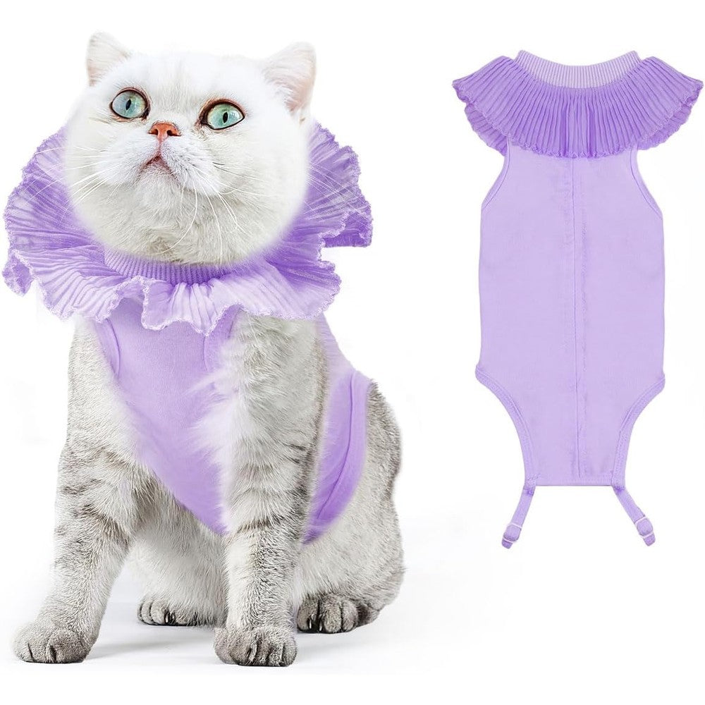 VavoPaw Cat Surgery Recovery Suit in purple medium size front view on a female cat.