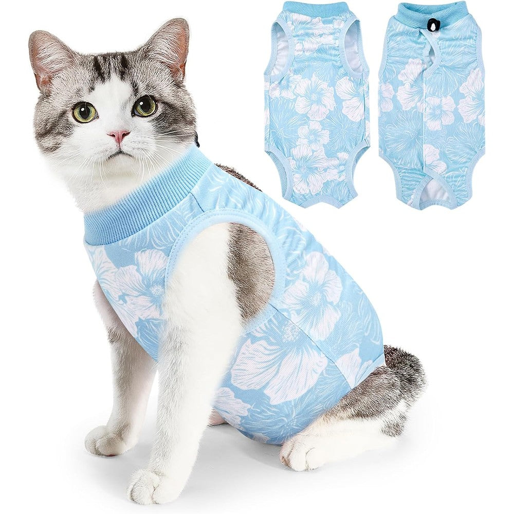 SlowTon Cat Recovery Suit Blue Flower front view