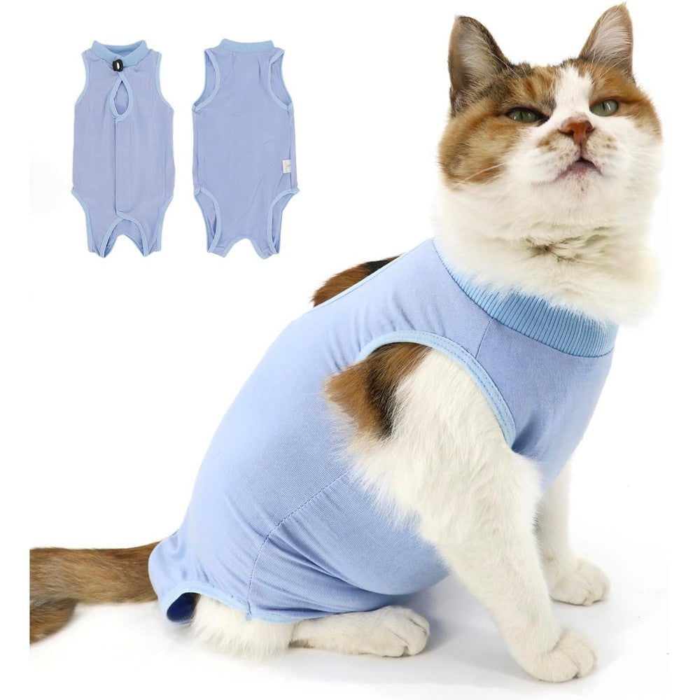 QIYADIN Cat Recovery Suit in blue medium front view on a domestic cat
