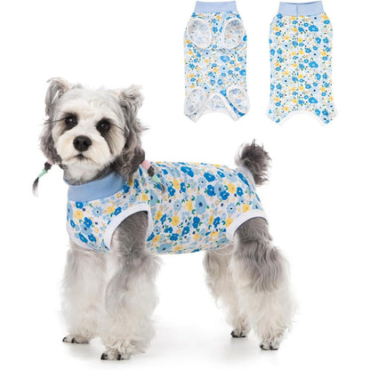 FEimaX dog surgery recovery suit blue floral print front view