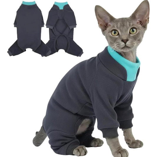 T'CHAQUE Sticky Hair Cat Onesie front view showing dark gray design