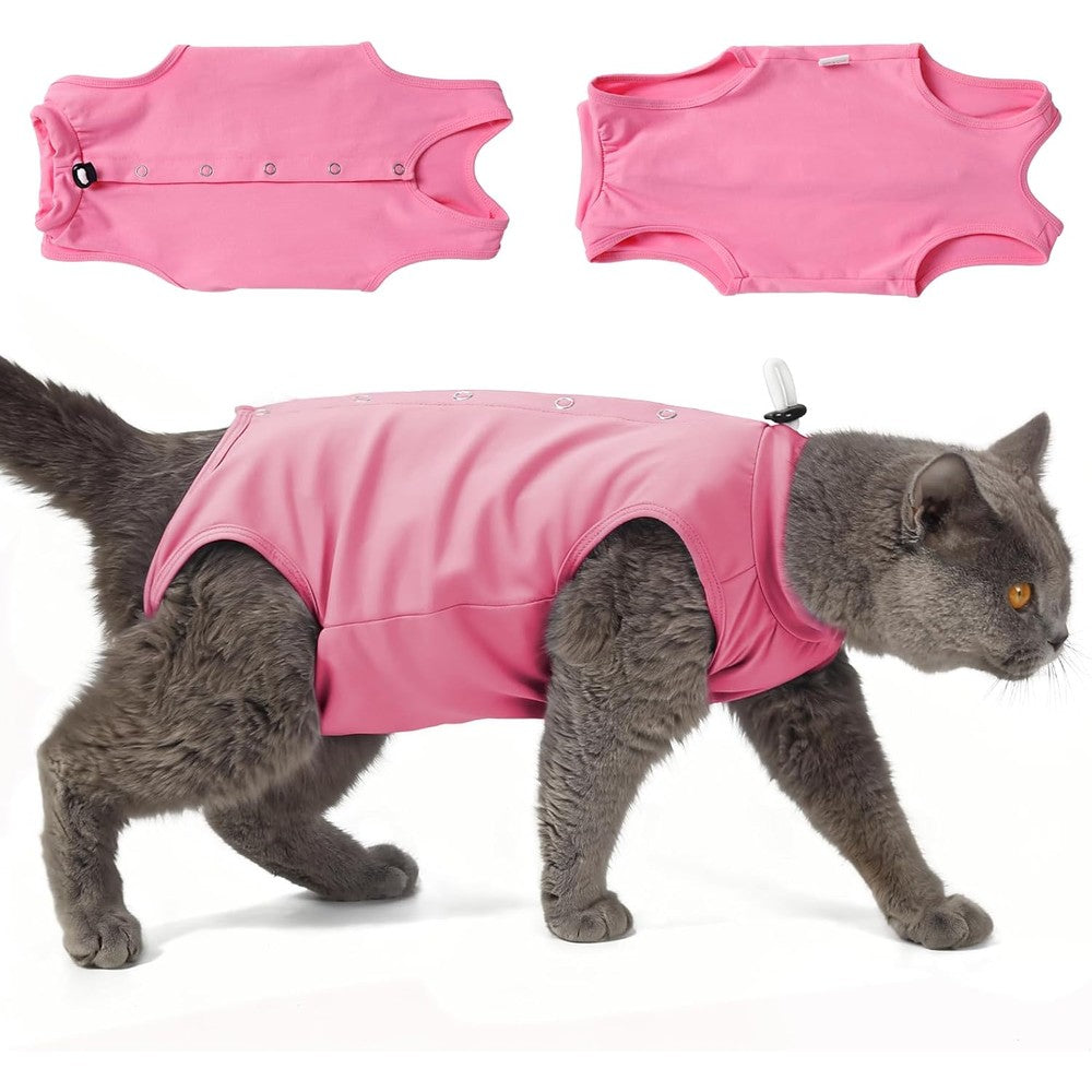 Heywean cat recovery suit soft onesie pink front view