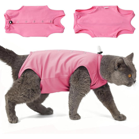 Heywean cat recovery suit soft onesie pink front view