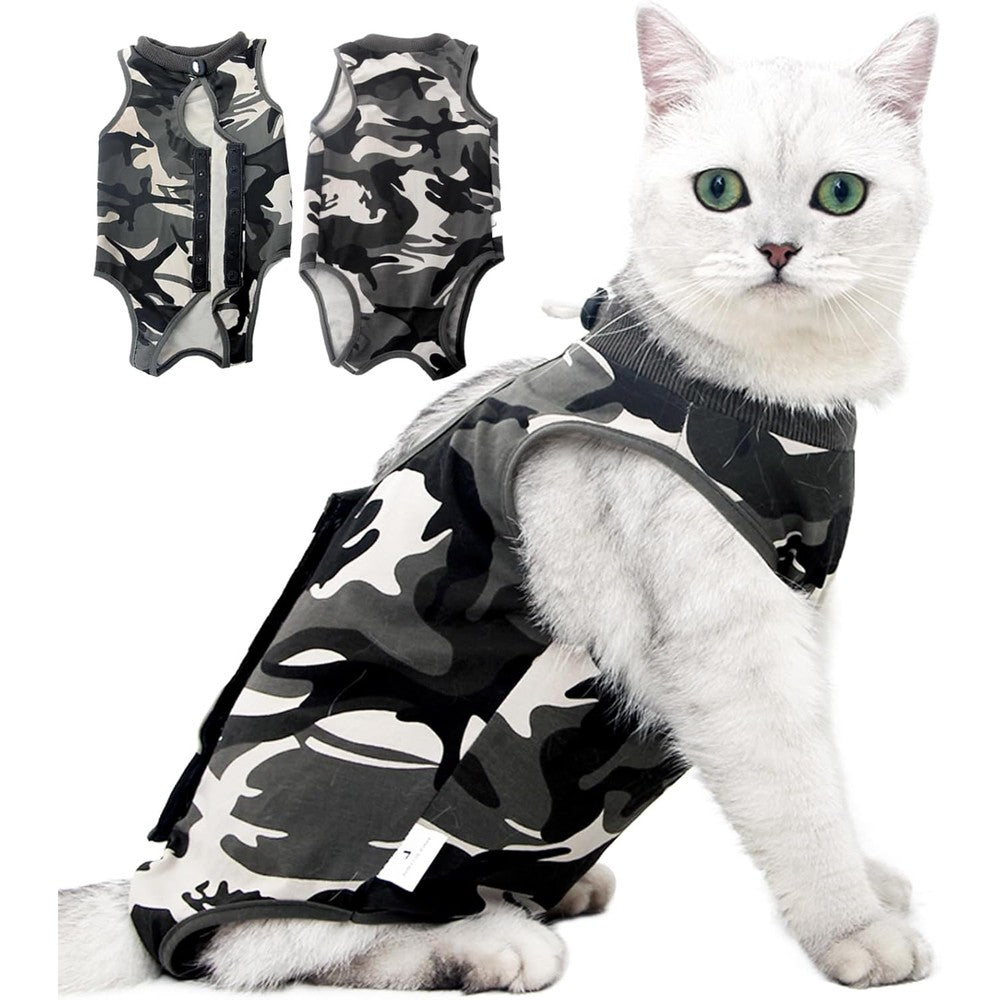 Kodervo Cat Recovery Suit in camouflage pattern shown on a cat to protect post-surgery wounds.