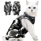 Kodervo Cat Recovery Suit in camouflage pattern shown on a cat to protect post-surgery wounds.
