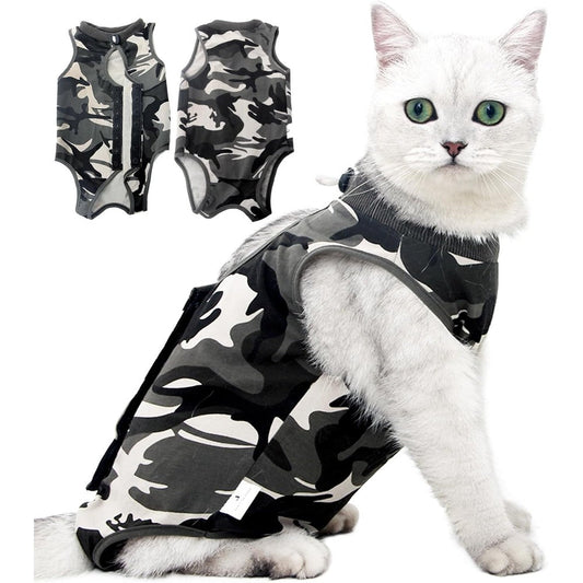 Kodervo Cat Recovery Suit in camouflage pattern shown on a cat to protect post-surgery wounds.