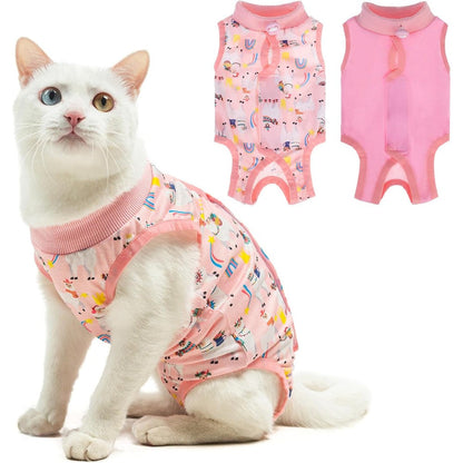 BEAUTYZOO cat recovery suit front view pink alpaca pattern kitten onesie