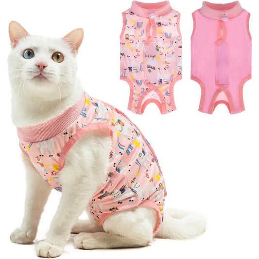 BEAUTYZOO cat recovery suit front view pink alpaca pattern kitten onesie