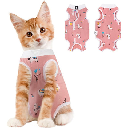 Coppthinktu Cat Recovery Suit Female in pink llama pattern front view