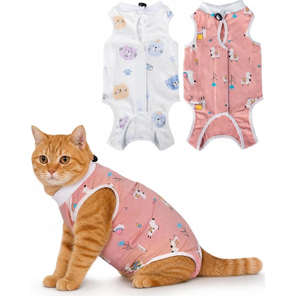 ANWA Cat Recovery Suit front view showing pink alpaca pattern on a kitten.