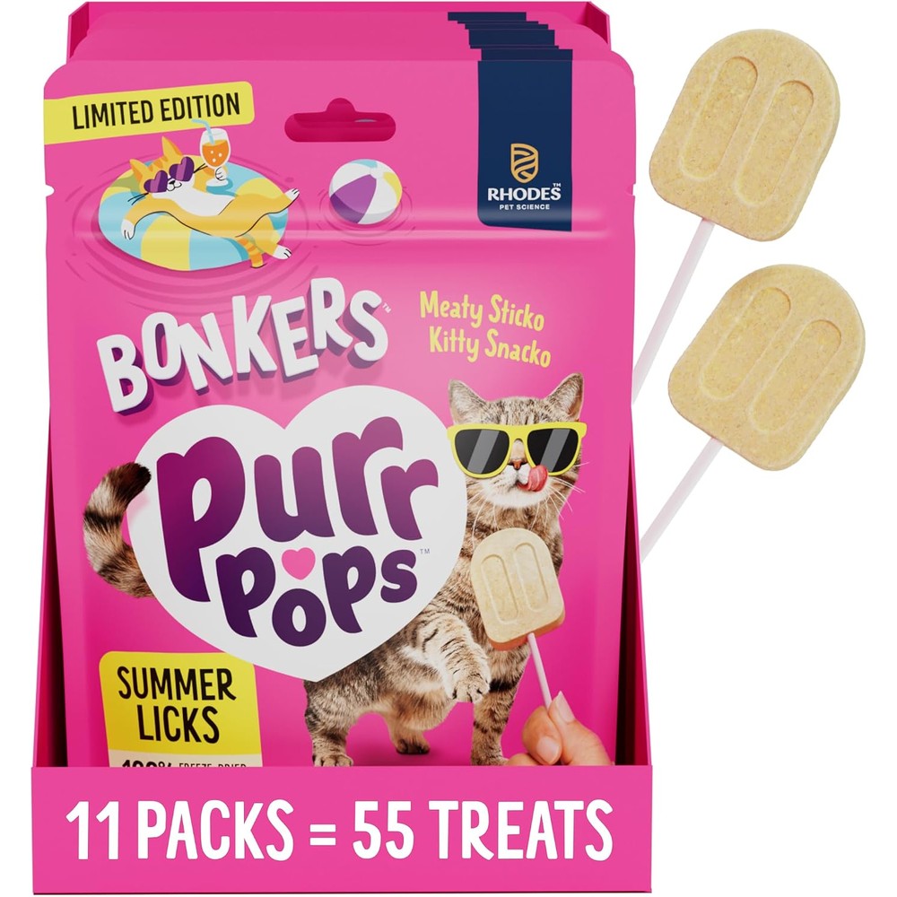 Bonkers Purrpops Summer Edition Freeze Dried Chicken Flavored Lollipop Cat Treats, 55 Pieces, 11 Packs