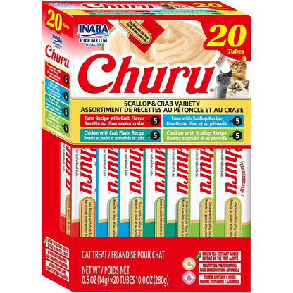 Inaba Churu Cat Treats Lickable Squeezable Creamy Puree With Green Tea Extract And Taurine Scallop And Crab Variety 20 Tubes 0.5 Ounce Each