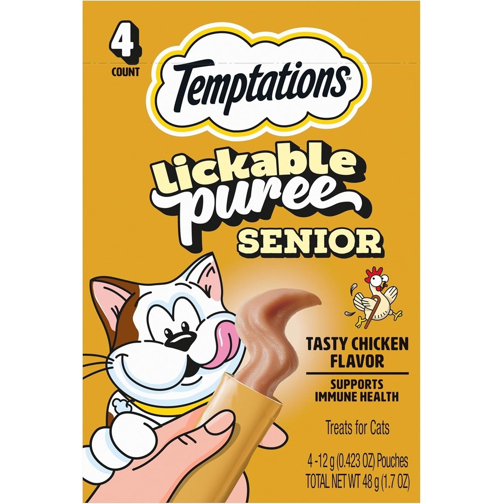 Temptations Puree Senior Cat Treats Lickable Tasty Chicken Flavor 4 Pouches Pack Of 11
