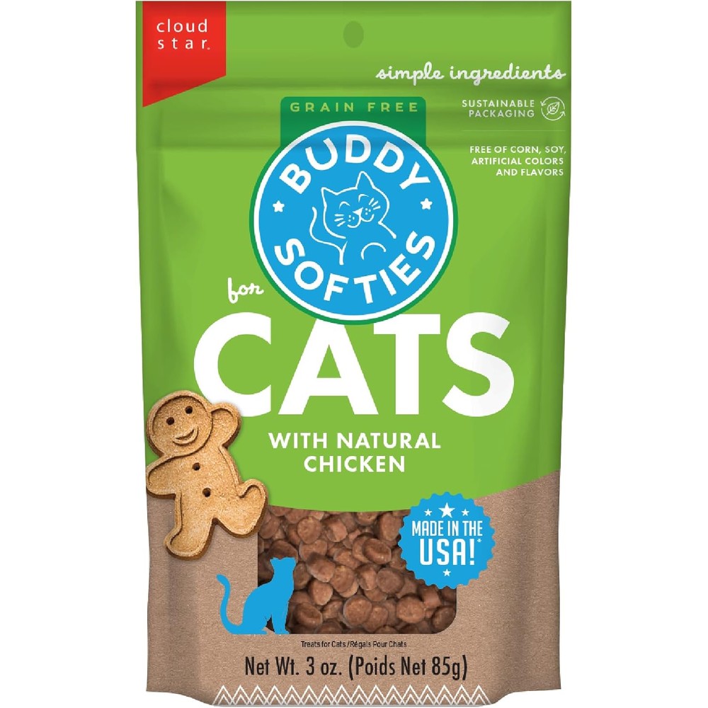 Buddy Biscuits Tender Chicken grain free cat treats 3 Ounce pouch front view