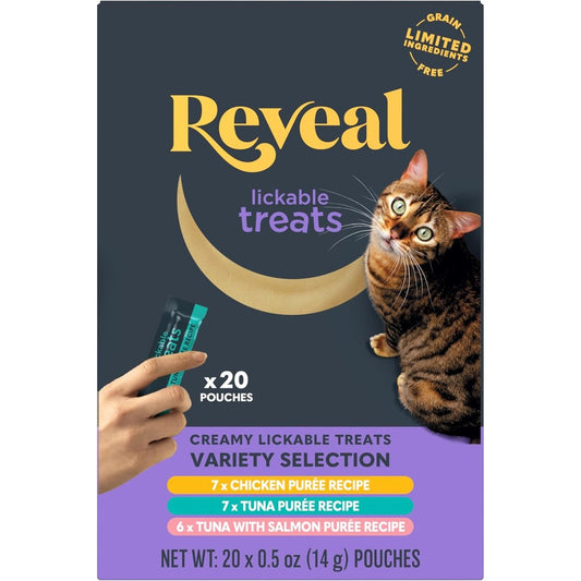 Reveal Fish And Chicken Variety Puree Lickable Cat Treats 20-Pack Limited Ingredient Grain Free Squeeze Up Pouches 0.5 Ounce Each