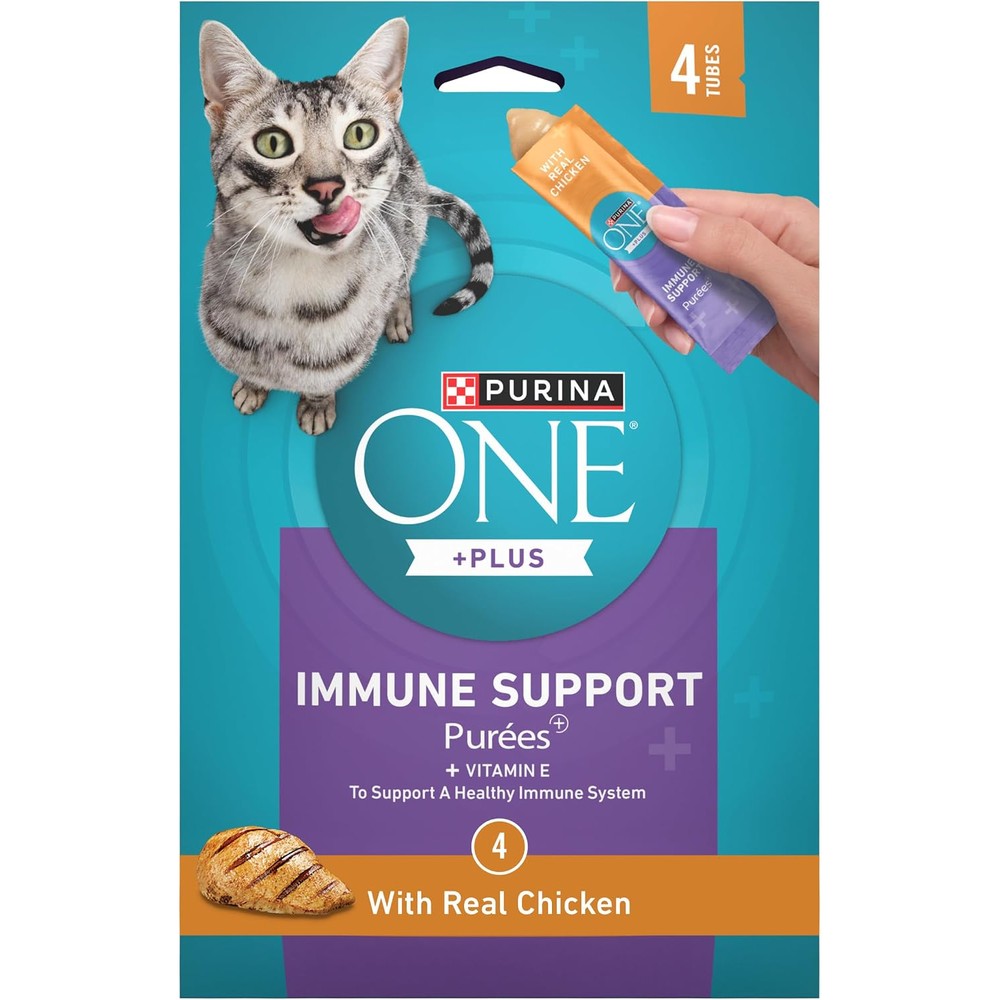 Purina One Plus Immune Support Purees With Real Chicken Lickable Cat Treats 1.4 Ounce Pack Of 4