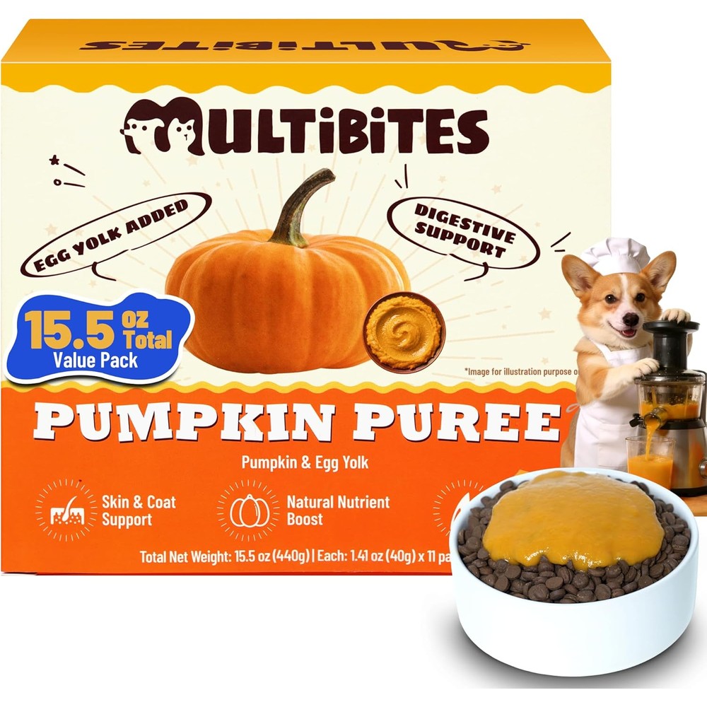 Multibites Premium Pumpkin Puree For Cats And Dogs Digestive Health Supplement With Egg Yolk 15.5 Ounce Total Weight Pack Of 11 Pouches