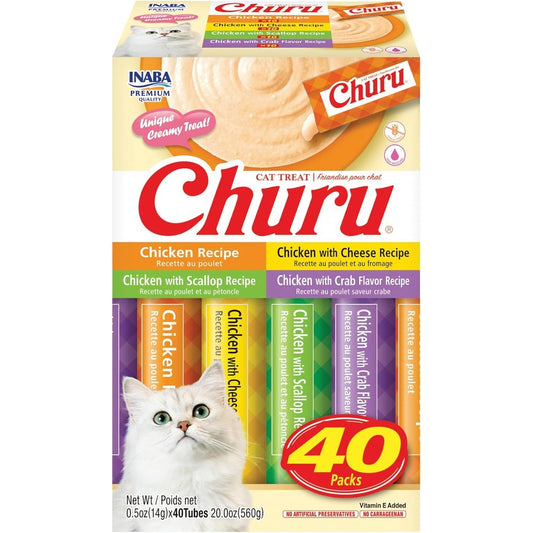 Inaba Churu Cat Treats Lickable Squeezable Creamy Puree With Vitamin E Chicken Variety 40 Tubes 0.5 Ounces Each