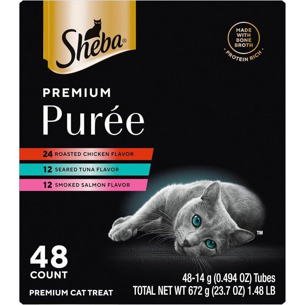 Sheba Premium Puree Lickable Cat Treats Roasted Chicken Smoked Salmon And Seared Tuna Flavor 48 Count Variety Pack
