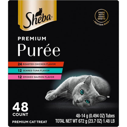 Sheba Premium Puree Lickable Cat Treats Roasted Chicken Smoked Salmon And Seared Tuna Flavor 48 Count Variety Pack