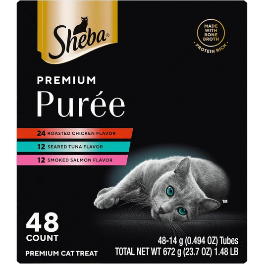 Sheba Premium Puree Lickable Cat Treats Roasted Chicken Smoked Salmon And Seared Tuna Flavor 48 Count Variety Pack