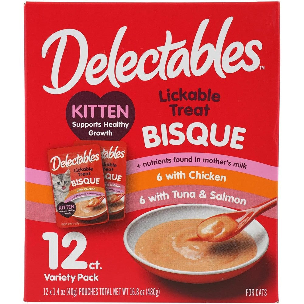 Delectables Lickable Treat Bisque Kitten Wet Cat Treat With Real Tuna And Salmon Complete And Balanced Hydrating Grain Free 1.4 Ounce Pouch 12 Count